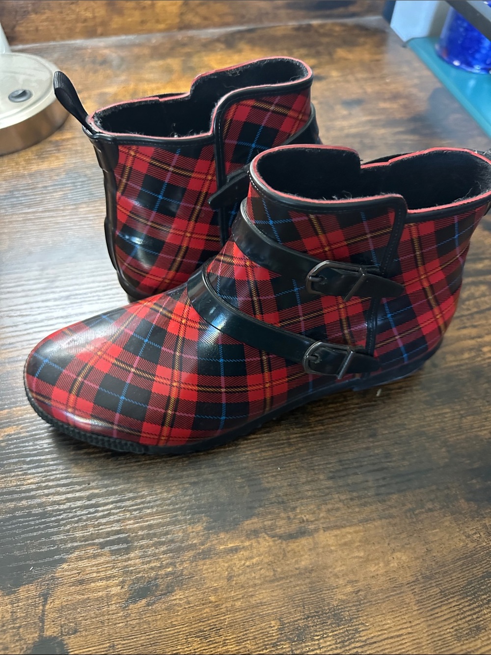Cougar Red Plaid Ankle Rain Boots with Buckle Straps